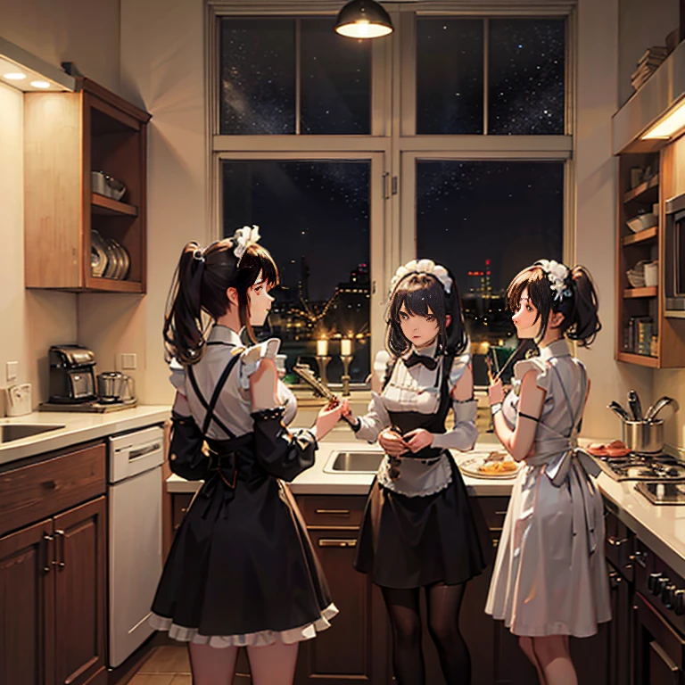 A group of maids, (in kitchen), various hair styles, harem, wearing maid uniform, night, details face, , short skirt, seducing, sleeveless , night, starry night