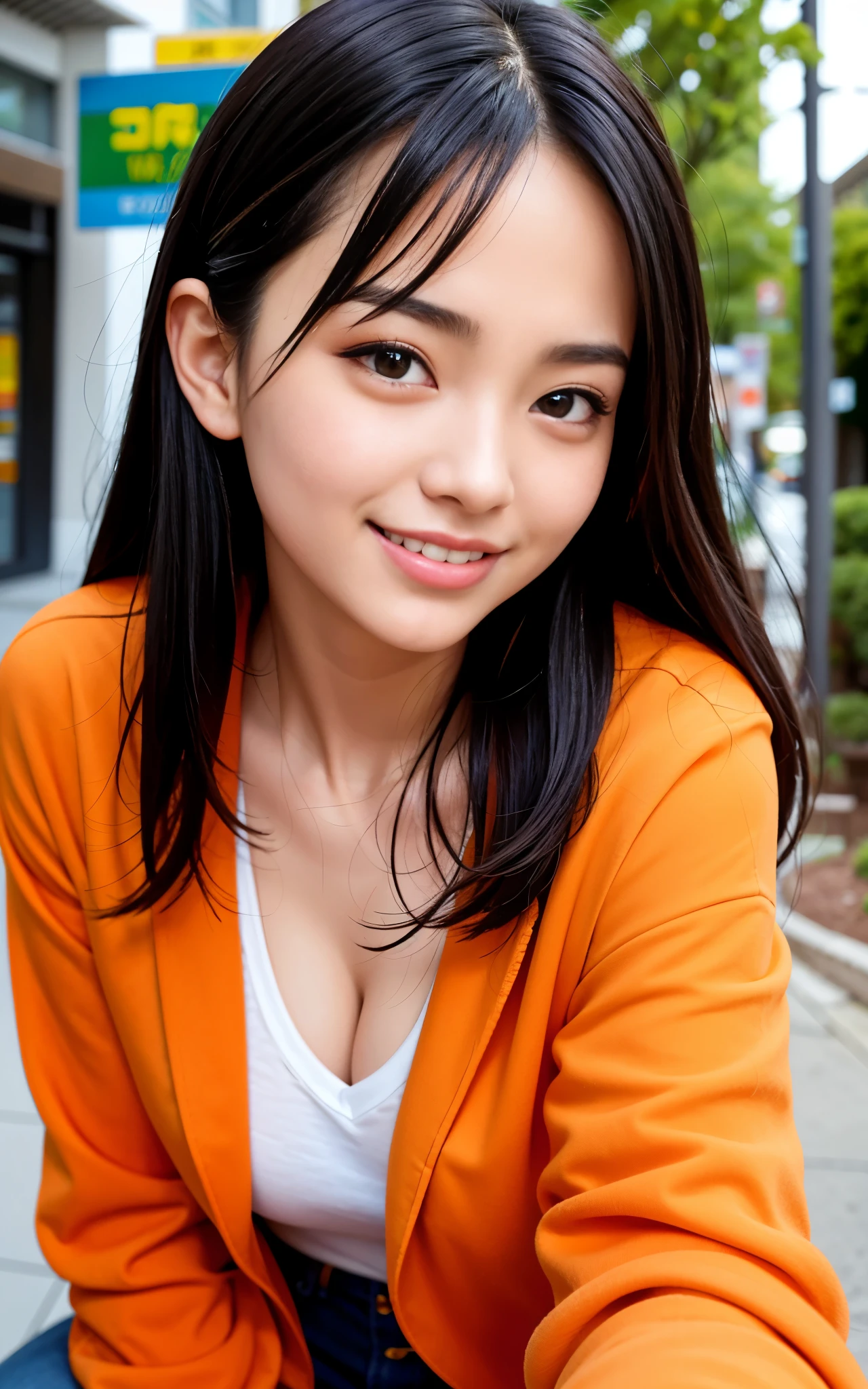 highest quality, figure, Ultra-detailed, finely, High resolution, 8K Wallpaper, 完璧なダイナミックな構figure, Beautiful Skin, (Big Eyes), 20 year old beautiful girl, Natural color lip, (Sexy pose), Mid chest, smile, Highly detailed face and skin texture, Detailed eyes, Double eyelid,leaking teeth and laughing, close-up,   Long black hair, (Orange jacket), (shirt:1.2), In town