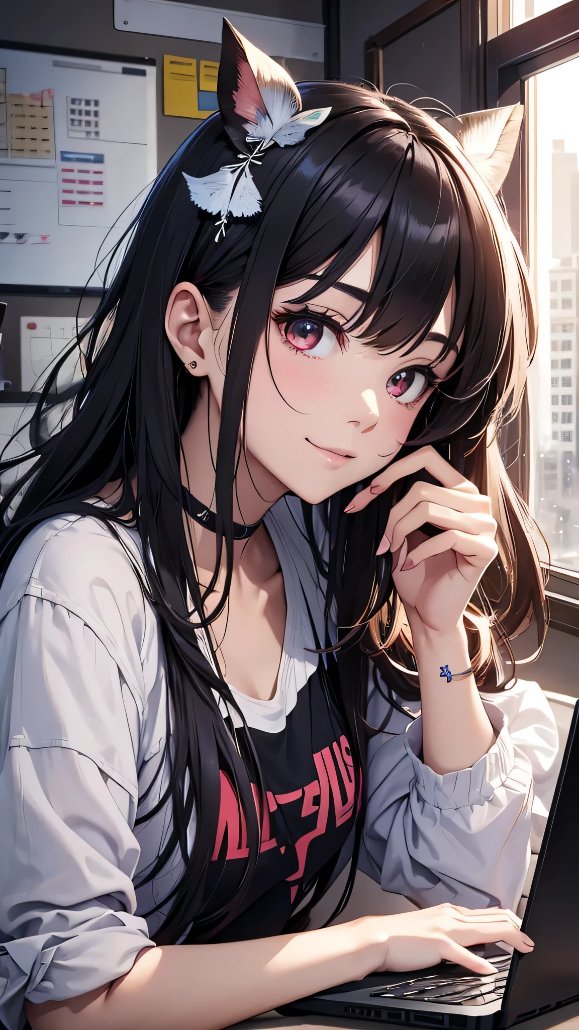 最high quality、Best image quality、masterpiece、girl((20-year-old、 By becoming、Best Bust、Medium Bust,Wide open breast tea、red glowing eyes, Black and red hair、Disheveled Hair、Long Hair、thin,The highest valley、Black open-neck short-sleeved shirt(1:2)、Open chest、White wristband、smile、Leaning forward、hair ornaments、have a laptop、Side angle、Lointail)),high quality、Beautiful art、background((White computer room、Coffee cup、line of light、Whiteboard、graffiti))、Flight、Flying debris、Written boundary depth、movie、Visual Arts、Perfect art、8K,Genuine、