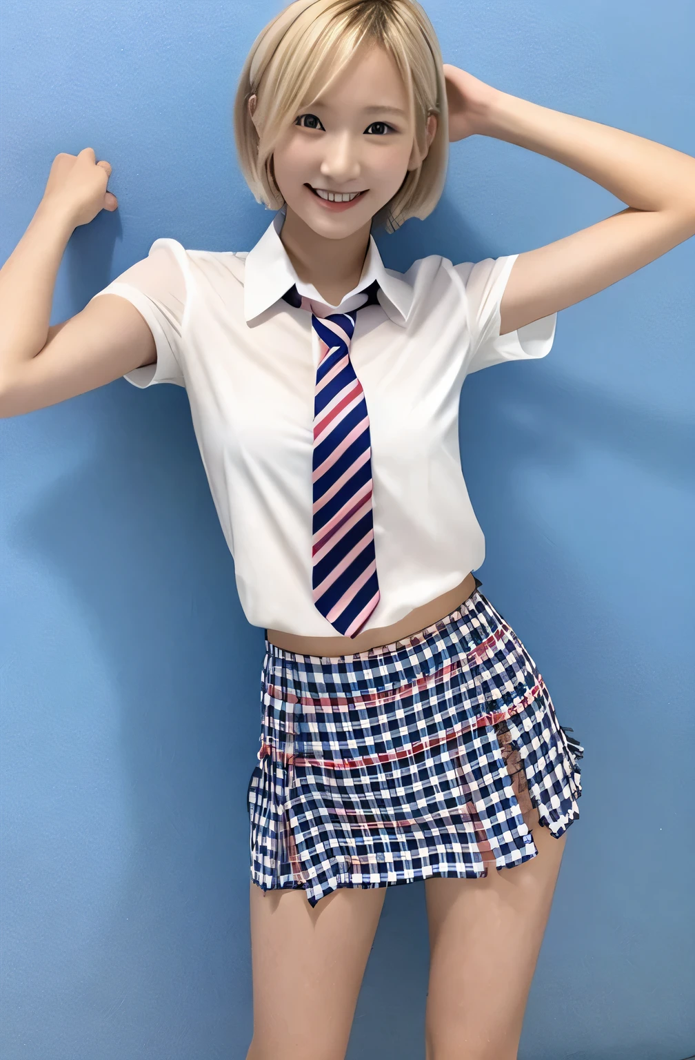 s old、Japanese、Blonde、Small breasts, , Very short hairstyle, Red and navy checkered tie, Navy blue mini skirt, Light blue shirt, Idol Sculpture, Wet, smile、Pink wall、Her underwear is slightly visible、sexy、slender