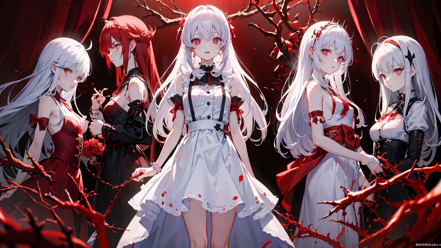 individual,masterpiece, Top quality, Very detailed, Unity 8K Wallpaper,Standing,Lean forward,Yandere,Yandere笑,flat chest,White long hair,Royal sister,White translucent lace ?????? cover,Blood,Blood red thorns,Blood-colored pupils,Blood,??????