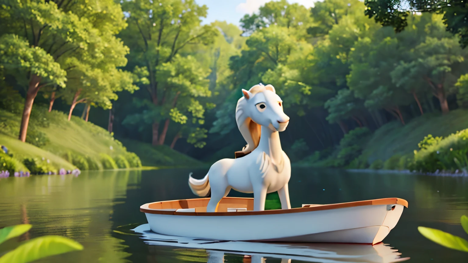 A white horse standing on a boat floating in the lake,Rippling lake surface,Lakeside meadow,Lush forest background,flying birds in distance,Exaggerated facial details,Animated Movies,3D character rendering, 3D cartoon style, hyper-realistic style,Movie Lighting,Smile for the camera,Front focus (best quality) ( Pixar style) (Detailed texture)