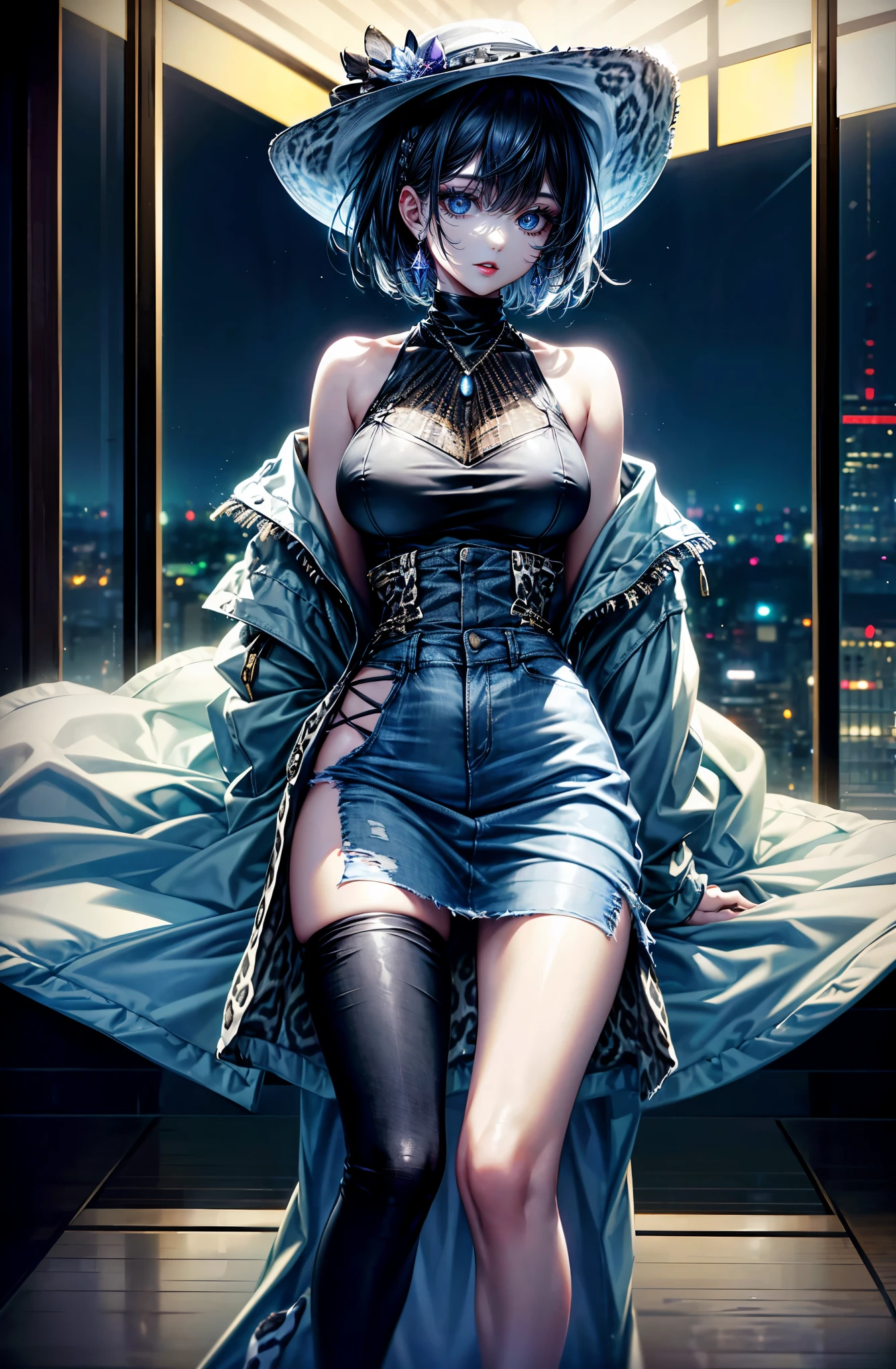 Hyper Quality、8K quality、High resolution、Image quality captured with a single-lens reflex camera、(software)、Perfect Anatomy、(black short hair、Shoulder-length hair、Inner color purple:1.2)22 year old beauty.Mature face、(Flashy adult gal makeup、eyeliner、Red Lip:1.2)、blue eyes(Sharp look:1.4)(Good shape and normal breasts) BREAK (ROCK gal coordination)(White felt big hat)BREAK ((Distressed denim jacket:1.1)(Wear a draped white leopard print dress underneath:1.2))(Pink as an accent color)(A tight-fitting satin-like long skirt、Black Stockings:1.2)Black Stockingsにハイヒール、gold earrings、Pearl necklace、BREAK(Perfect Anatomy:1.4)break(Looking away:1.2)(Inside Tsutenkaku Tower at night、Outside view:1.3)