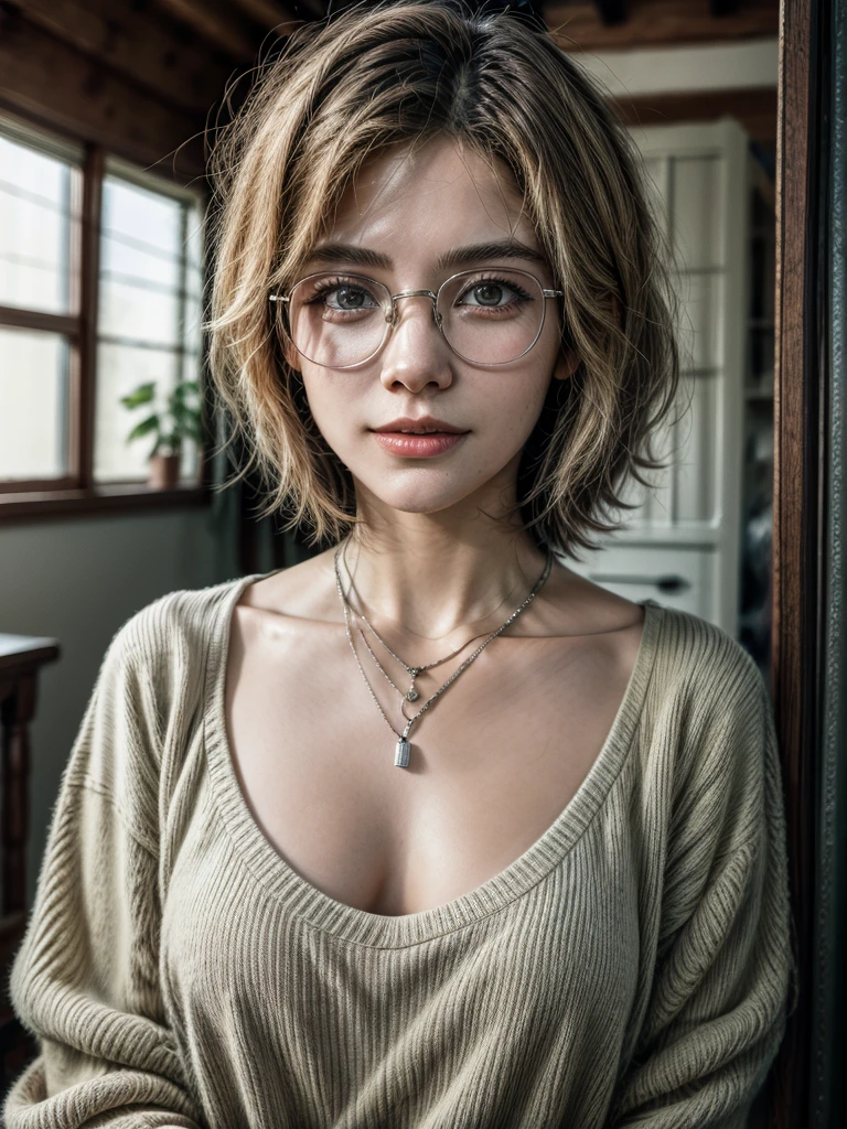 1girl, alternate_costume, bespectacled, closed_mouth, collarbone, glasses, jewelry, necklace, pendant, semi-rimless_eyewear, short_hair, silver_hair, smile, solo, under-rim_eyewear, upper_body,