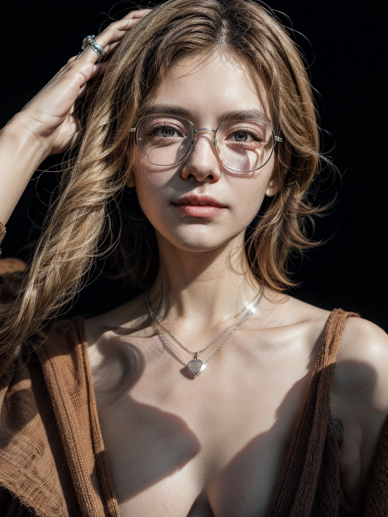 1girl, alternate_costume, bespectacled, closed_mouth, collarbone, glasses, jewelry, necklace, pendant, semi-rimless_eyewear, short_hair, silver_hair, smile, solo, under-rim_eyewear, upper_body,