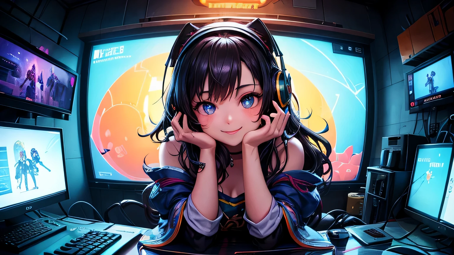 In the heart of a cozy, vibrant gaming room, a cute girl is fully immersed in the world of pixels and fantasy. Her animated face, adorned with a delightful smile, is illuminated by the soft glow of glowing monitors. Her focused eyes gaze intently on the screen, framed by the comfortable straps of a headset that rests gently on her head.
The room around her is a vivid and dynamic playground for gamers. Posters of far-off lands and fantastical worlds adorn the walls, their colors popping against the soft, muted tones of the room. The air is filled with the comforting hum of mechanical keys and the gentle