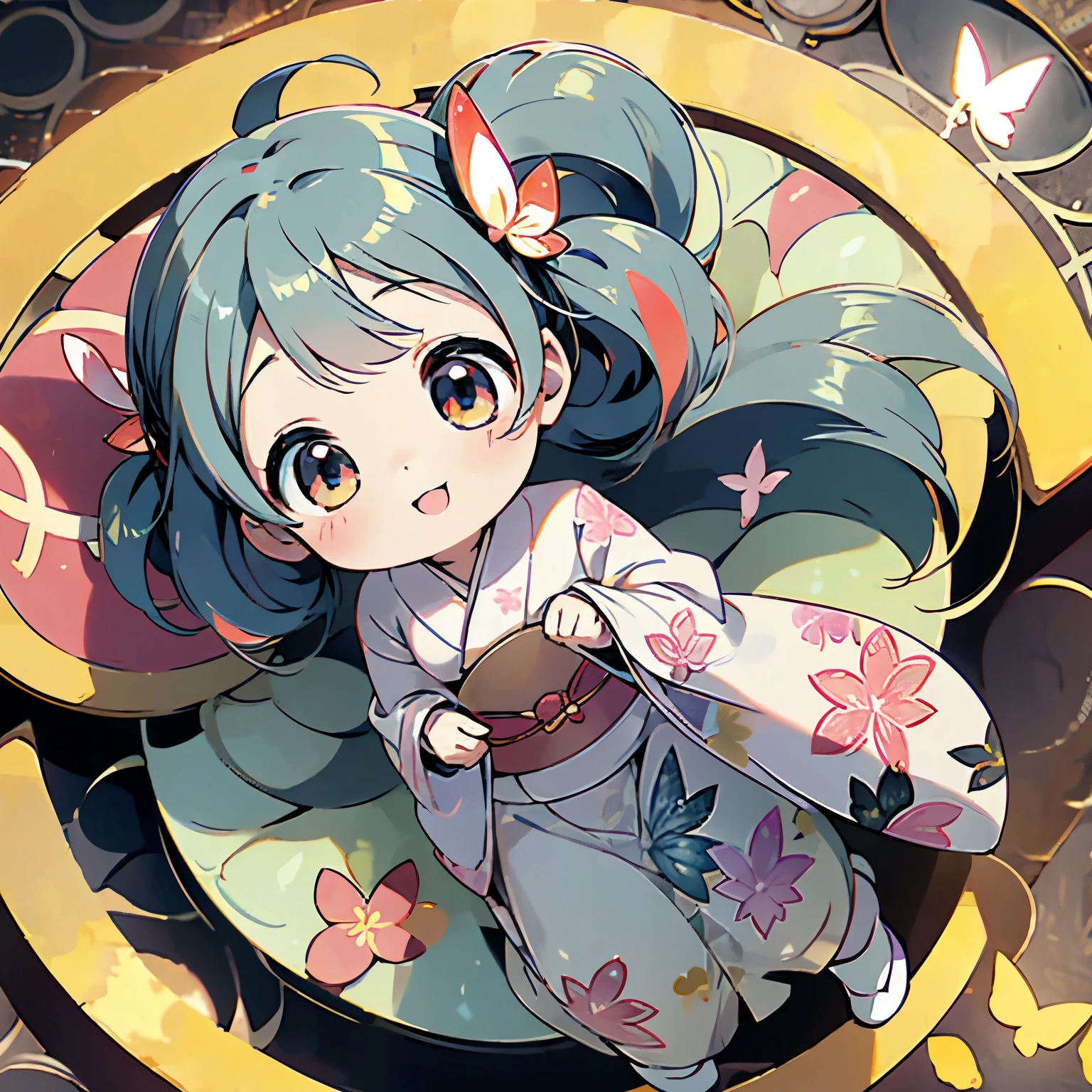 Anime characters in Japan(chibi girl、smile、kimono、butterfly hair ornament)There is a manhole cover with a、colorful