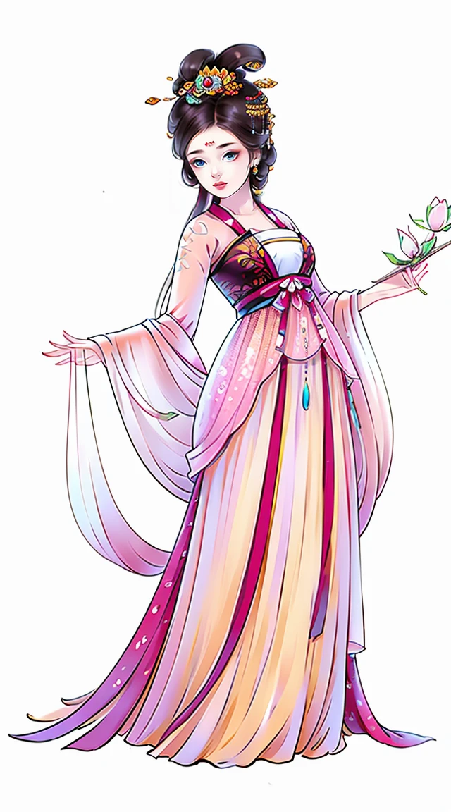 1 female（Pretty Face），Unique，Full body standing，Solitary，Transparent Background，Original character designs from East Asia，Game character costume design，peach blossom decoration，Light pink skirt，Gorgeous clothing，High Detail，Color Grade，White background，Ultra-high resolution，Sharp focus，HD，8k，Clear facial features，Clear details