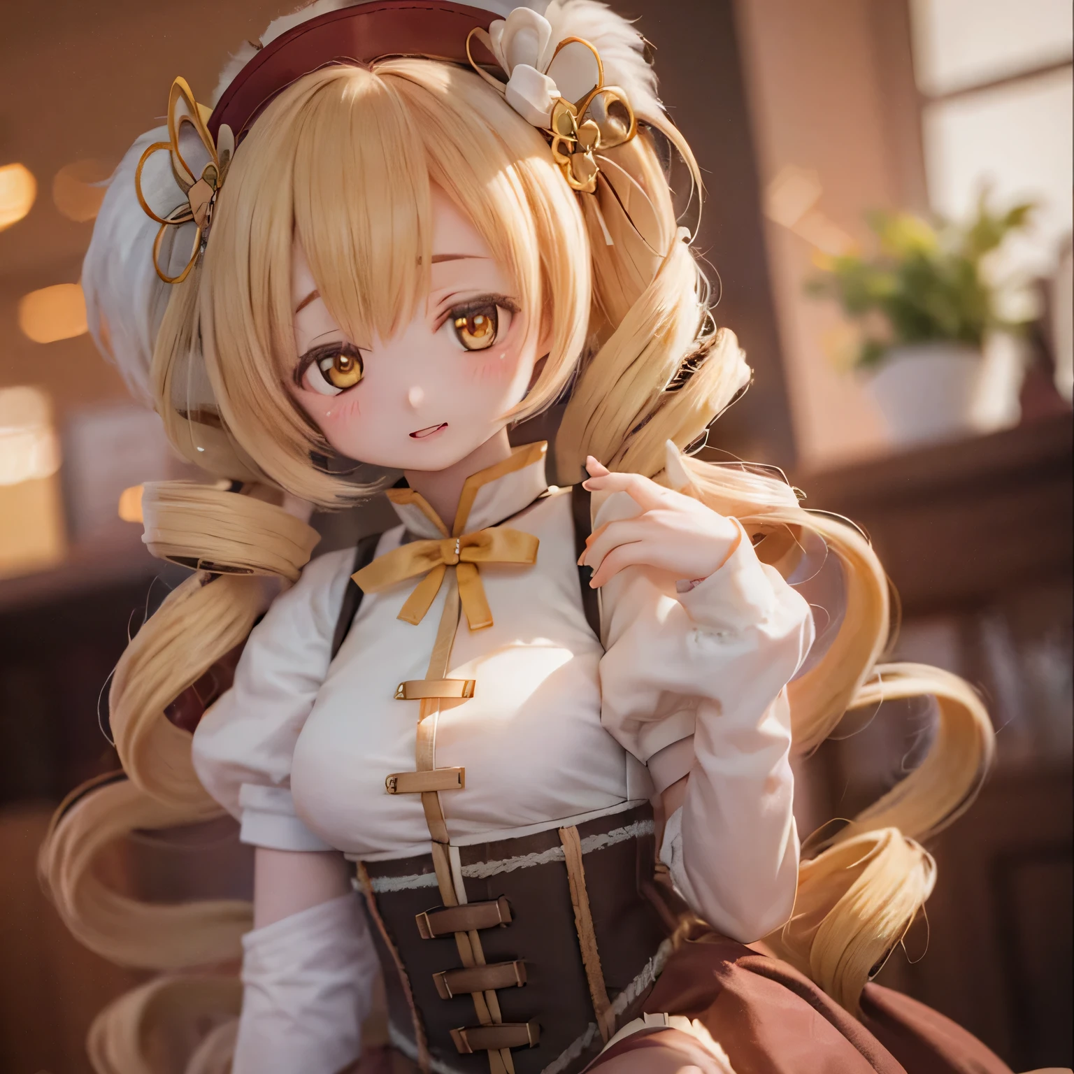 (highest quality,Super detailed,masterpiece:1.2),Expressive eyes,Perfect Face,Beautiful Mami Tomoe,Pink long hair,Golden Eyes, Pink Lips,Magical girl costume with attention to detail ,Anime Style,Bright colors, cute (((((Thick lips)))))Curvaceous and voluptuous body