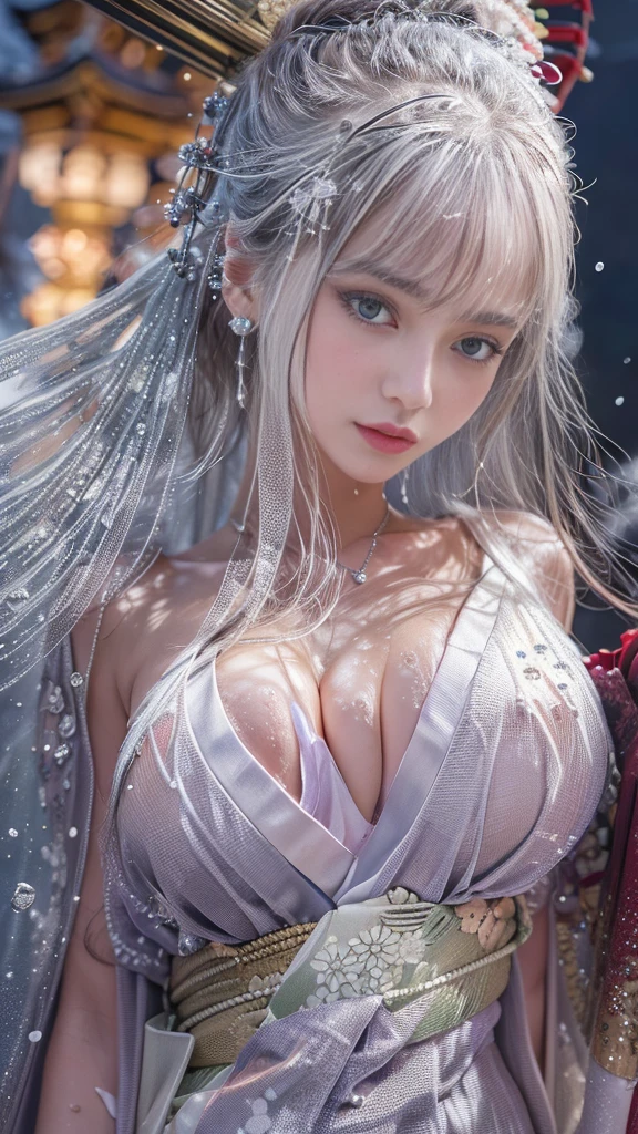 (Realistic:1.5, 8k, highest quality, masterpiece, Ultra-high resolution), (((heavy snow, From below))), Perfect dynamic composition:1.2, (In front of a shrine at night in a modern city, Expressions of sadness:0.9, Low angle shooting:0.9), Highly detailed skin and facial textures:1.2, Young woman getting wet in the rain:1.3, Fair skin:1.2, Sexy beauty:1.1, Incredibly slim body:1.2, beautifully、aesthetic:1.1, Very beautiful face:1.2, Water droplets on the skin, (The rain drips down on my body:1.2, Wet body:1.2, Wet Hair:1.3), (Professional kimono dressing, Holding a wet bouquet:1.2, Wearing a wet silver kimono correctly:1.3), (Big Breasts, Bra is sheer, Chest gap), (Big eyes that exude beautiful eroticism:0.8, Lips that exude beautiful eroticism:0.8, woman&#39;The charm of:0.8, Charm:0.8), necklace, Earrings, bracelet, wedding ring, Highly detailed and accurate hand and finger representation