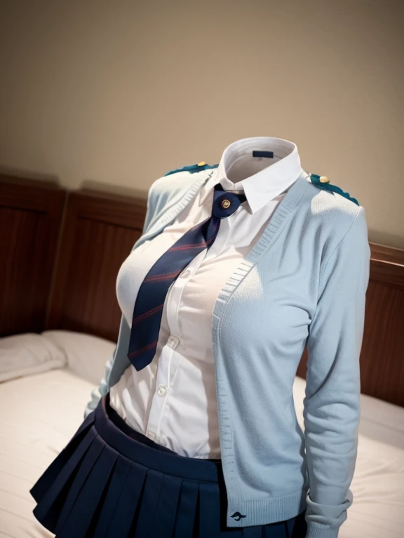 Invisible Girlたち, ((without humans)), Headless, Headless, empty, Without handle, Headless, Invisible Girls, , school sweater, empty clothes, empty clothes, Invisible Girl, uniform, The clothes are big, tights, uniform on a bed swells as if invisible busty girls are wearing them, girl's busty uniform begin to pose on its own as if worn by Invisible Girls,Standing posture,