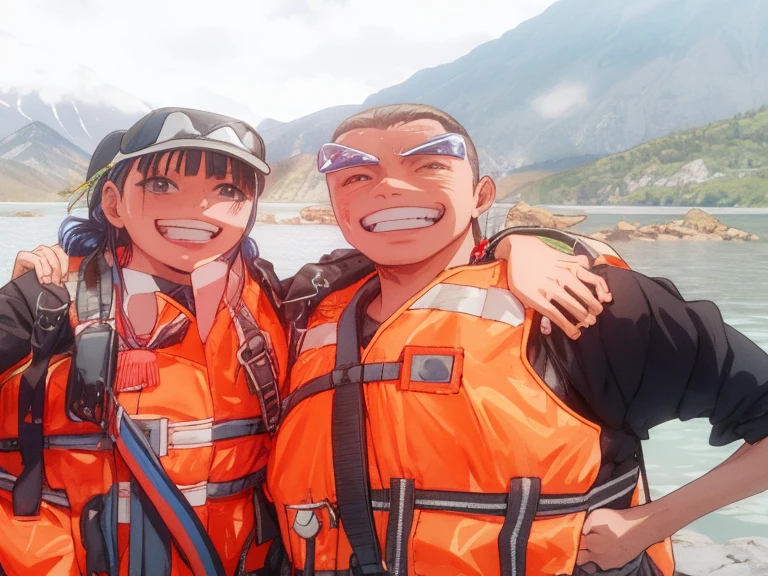 they are standing in the water with life jackets on, couple, photo taken in 2 0 2 0, with mountains in the background, lovely couple, 2 people, with mountains as background, wearing adventure gear, touring, with mountains in background, high quality upload, ruan jia and brom, foto, adventure, in lake, post, handsome, anime couple, 8k resolution