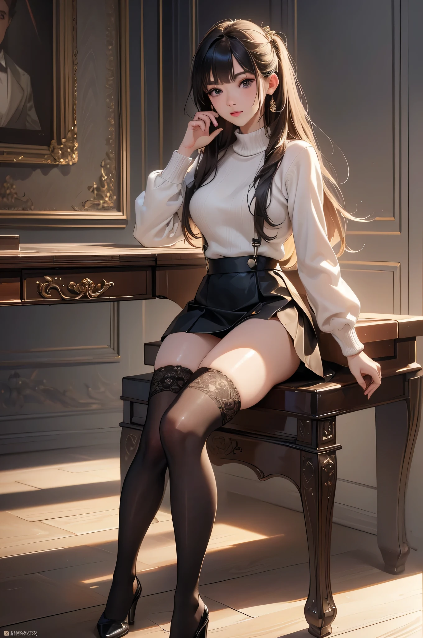 (random porn pose),(Highest image quality,(8k),ultra-realistic,best quality, high quality, high definition, high quality texture,high detail,beautiful detailed,fine detailed,extremely detailed cg,detailed texture,a realistic representation of the face,masterpiece,Sense of presence),sweater,tight mini skirt,stockings,Engineer boot