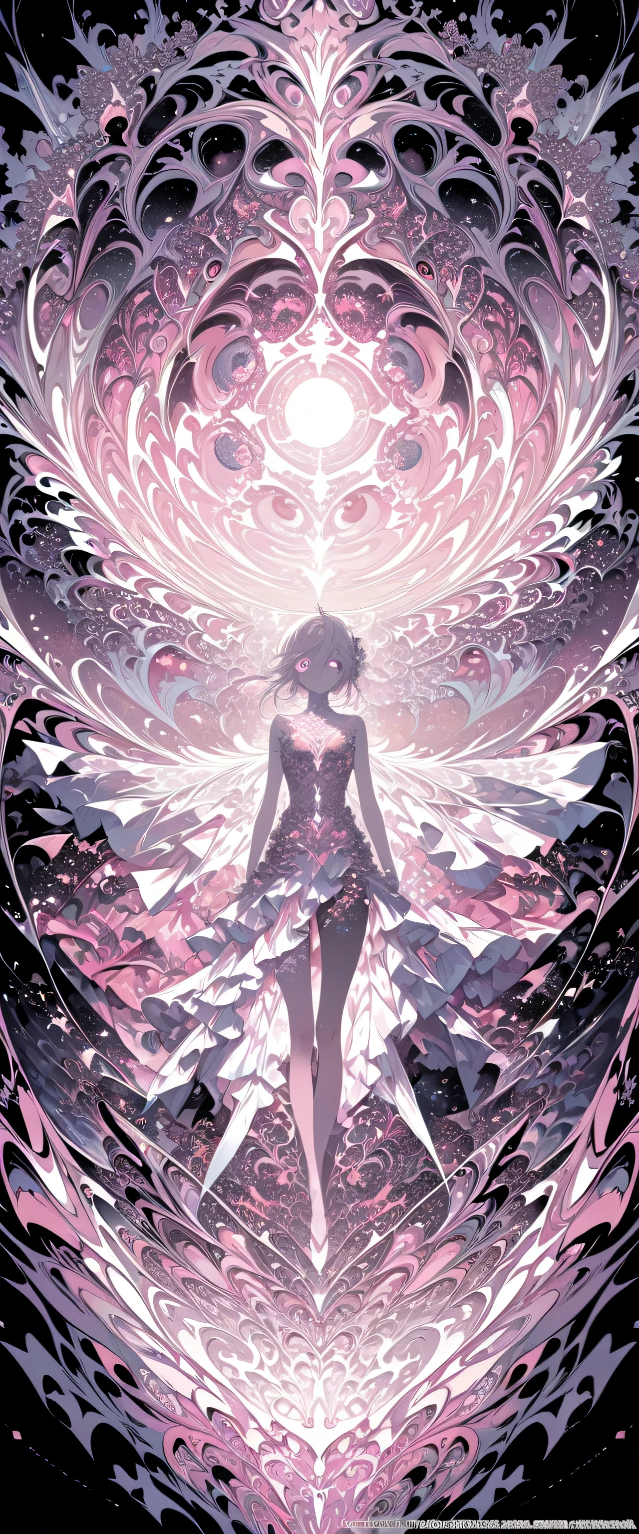 (Absurd, High resolution, Super detailed), One girl, alone, Highly detailed eyes, (Official Art, beauty and aesthetics: 1.2), (Fractal Art: 1.3), white pink color scheme, Most detailed