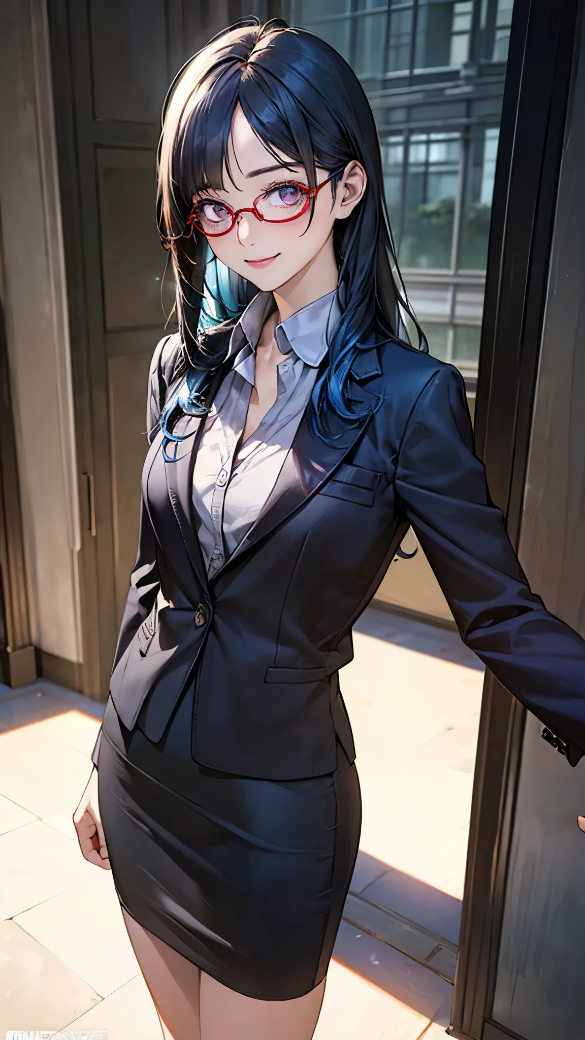 (masterpiece:1.2, top-quality), (realistic, photorealistic:1.4), beautiful illustration, (natural side lighting, movie lighting), nsfw,
looking at viewer, cowboy shot, front view:0.6, 1 girl, japanese, teacher, perfect face, cute and symmetrical face, shiny skin,
(long hair:18, straight hair:1.2, blue hair), parted bangs, purple eyes, (big eyes), long eye lasher, (large breasts, seductive thighs), ((((red-rimmed glasses)))),
beautiful hair, beautiful face, beautiful detailed eyes, beautiful clavicle, beautiful body, beautiful chest, beautiful thigh, beautiful legs, beautiful fingers,
((detailed cloth texture, (darkgrey business suit jacket), white collared shirt, dark grey pencil skirt, high heels)),
(beautiful scenery), evening, class room, school, standing, (graceful, smile, upper eyes),