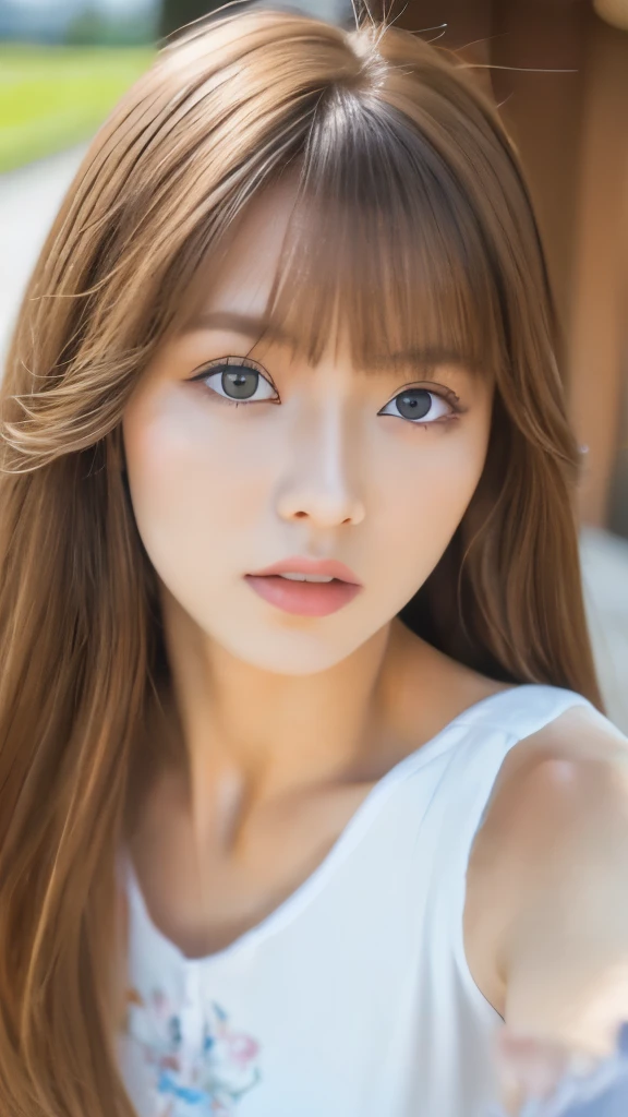 Best quality, 8k, ,Masterpiece :1.3)), facing viewer,((full body1.2)) ,pretty woman, wide shot ,1girl, , selfie , ,, Windmill , brown hair , bangs,ultra-detailed face, highly detailed lips, detailed eyes, double eyelid