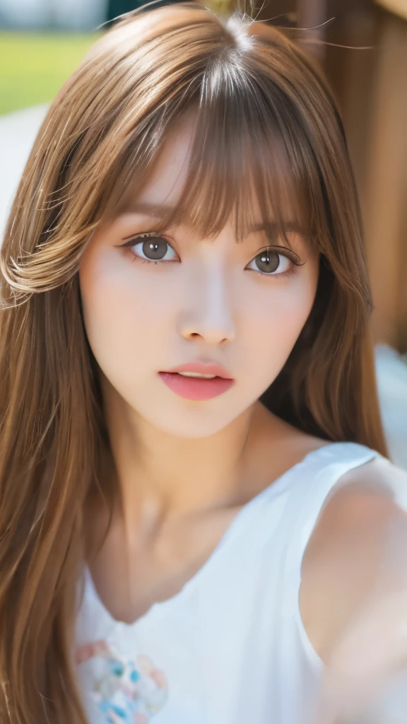 Best quality, 8k, ,Masterpiece :1.3)), facing viewer,((full body1.2)) ,pretty woman, wide shot ,1girl, , selfie , ,, Windmill , brown hair , bangs,ultra-detailed face, highly detailed lips, detailed eyes, double eyelid