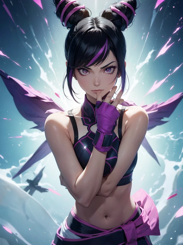 Juri Han, street fighter(master part, best quality, ultra-detalhado, Melhor sombra), (Antecedentes detalhados, Olhando para o Viewer, Serious, irritado), Rosto detalhado, (best ilumination), ((Cinematic light)), colorido, hiper detalhe, dramatic light, detalhes intrincados