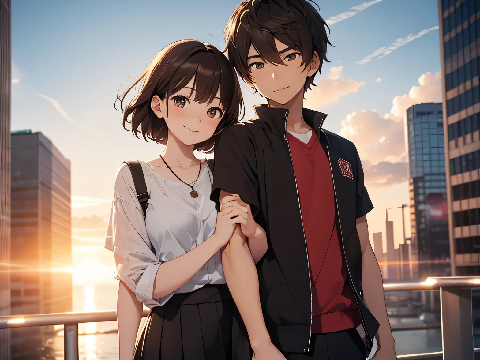 Couple, Holding hands, ((men and women2Only people))woman, 20-year-old,alOne, One'City、rooftop、Woman in casual clothes, brown hair,short hair, smile, blush, Teenage 男性 with black hair and brown eyes, smile, mechanical, short hair, blurred background, Backlight,