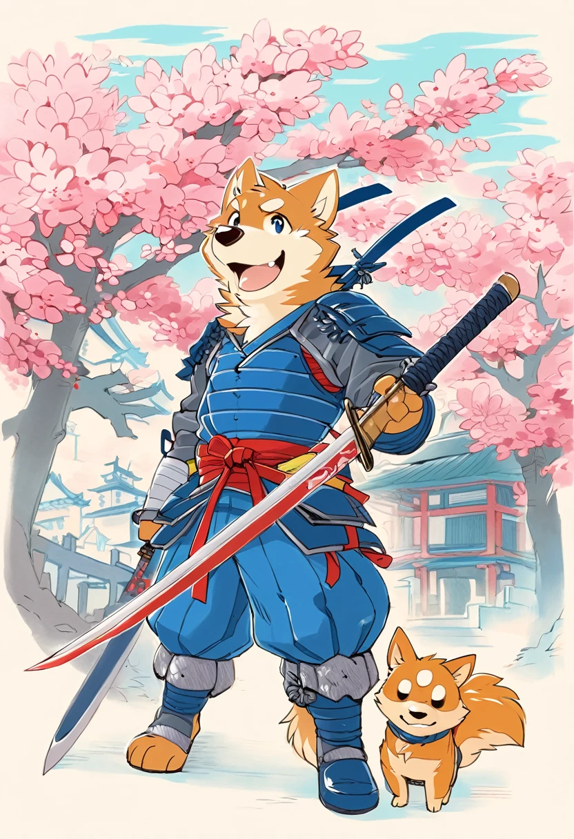 Dressed in blue、Anime character of a dog holding a sword, holding a naginata, Anthropomorphic Shiba Inu, Inspired by Chi Mansion, Shiba Inu inspired armor, Traditional Japanese concept art, Shiba Inu holding a samurai sword,Takemoto Arashi,Shrine Background,Blue sky,Cherry tree