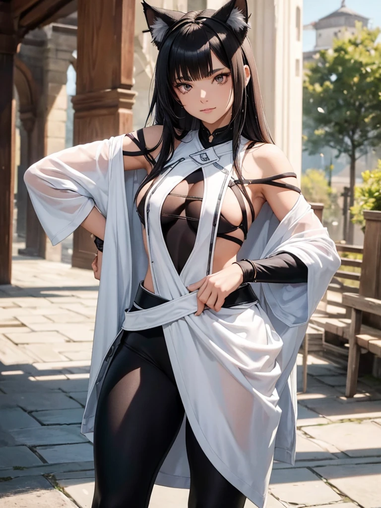 beautiful young female warrior fighter with cat ears on her head, com rosto bem detalhado e bonito, belos olhos, belos olhos, rosto lindo, beautiful young woman wearing long brown leggings with black details, sueter apertado branco, standing in a castle, usando bota preta, cabelo comprido com franja preto, ,orelhas de gato, belo sorriso, tomboy, um pouco musculosa,suter branco com cinta em volta, olhar serio,usando jaqueta de couro apertado preto, com ombreiras de prata nos ombros