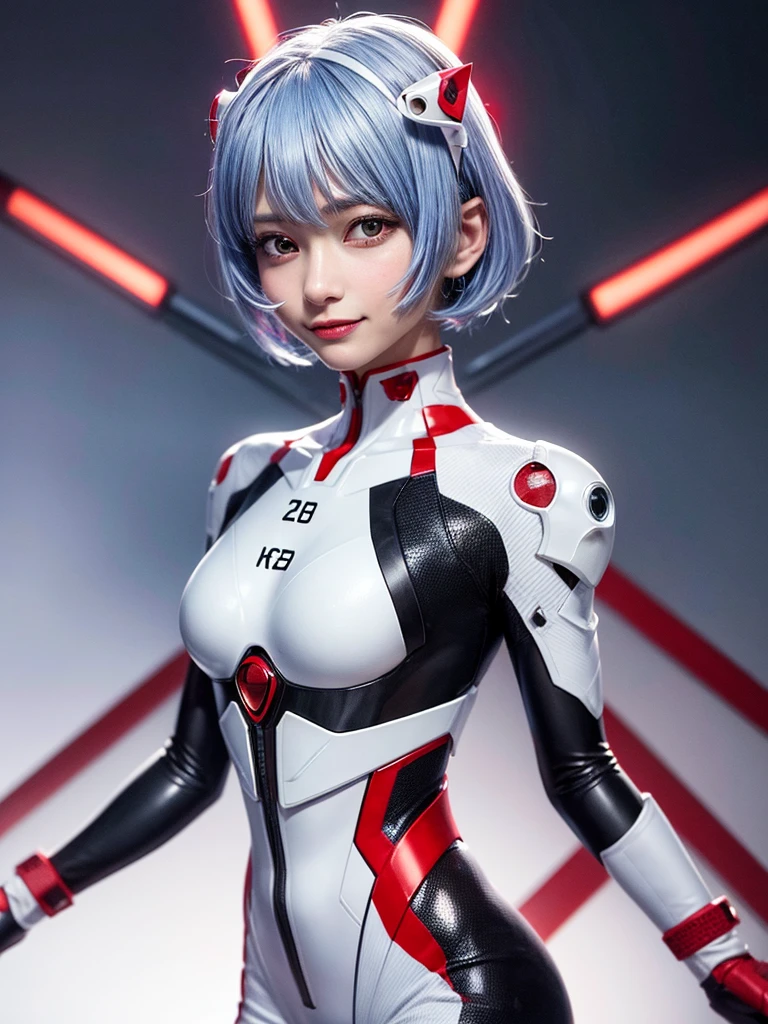 Masterpiece, highest quality, 8K, detailed skin texture, fine cloth texture, beautiful detailed face, intricate details, super detailed, portrait of Rei Ayanami, blue hair, red eyes, looking far away, no background, Evangelion Wearing a plug suit when riding, plug suit, whole body visible, standing, arms crossed, 15 years old, beautiful, cute, great style, smiling