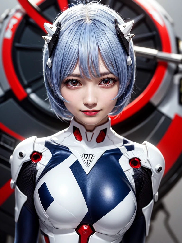 Masterpiece, highest quality, 8K, detailed skin texture, fine cloth texture, beautiful detailed face, intricate details, super detailed, portrait of Rei Ayanami, blue hair, red eyes, looking far away, no background, Evangelion Wearing a plug suit when riding, plug suit, whole body visible, standing, arms crossed, 15 years old, beautiful, cute, great style, smiling