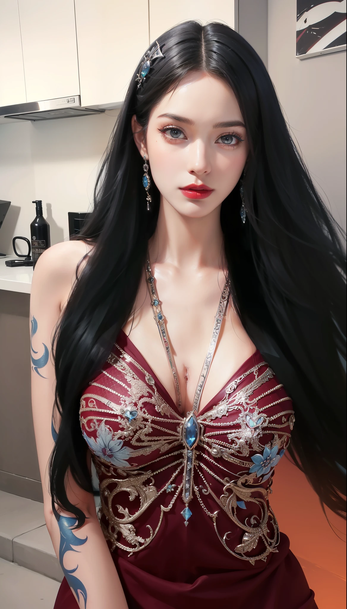 Royal sister，Super detailed, Detailed face, movie stock photography , Portrait 400, F1 camera lens.6, colorful, Surreal, Realistic texture, Dramatic lighting, film alembic 800 (8K, original photo, Better quality, masterpiece: 1.2), Super detailed, (Highly refined skin: 1.2), 8k ultra high definition, SLR camera, Soft Light, high quality.Frozen queen，Succubus，Fallen Angel，Blue pupils，Apply red lipstick，Have tattoos，The tattoo is very three-dimensional，Gorgeous and intricate tattoo designs，