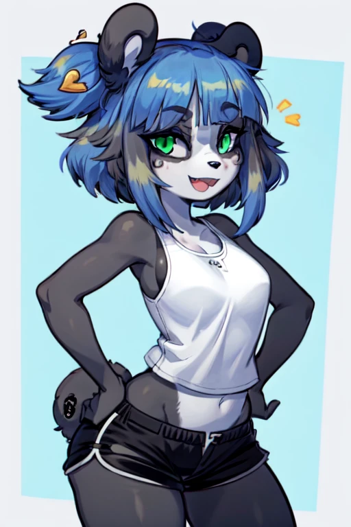 furry, (black and white fur), 1girl, animal nose, gold hearts, eye makeup, Nuwa Nightstone, green eyes, blue hair, (panda girl), panda ears, panda tail,  black tank top, black shorts, hands on hips, :D, fangs