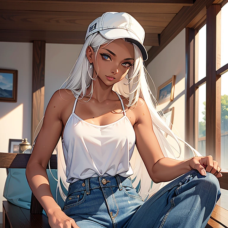 ((best quality)), ((masterpiece)), (detailed),High quality, Ultra detailed, best quality, insanely detailed, beautiful, masterpiece,
White hair, long hair, (tanned skin:1.3),woman,20s,track cap ,camisole,denim