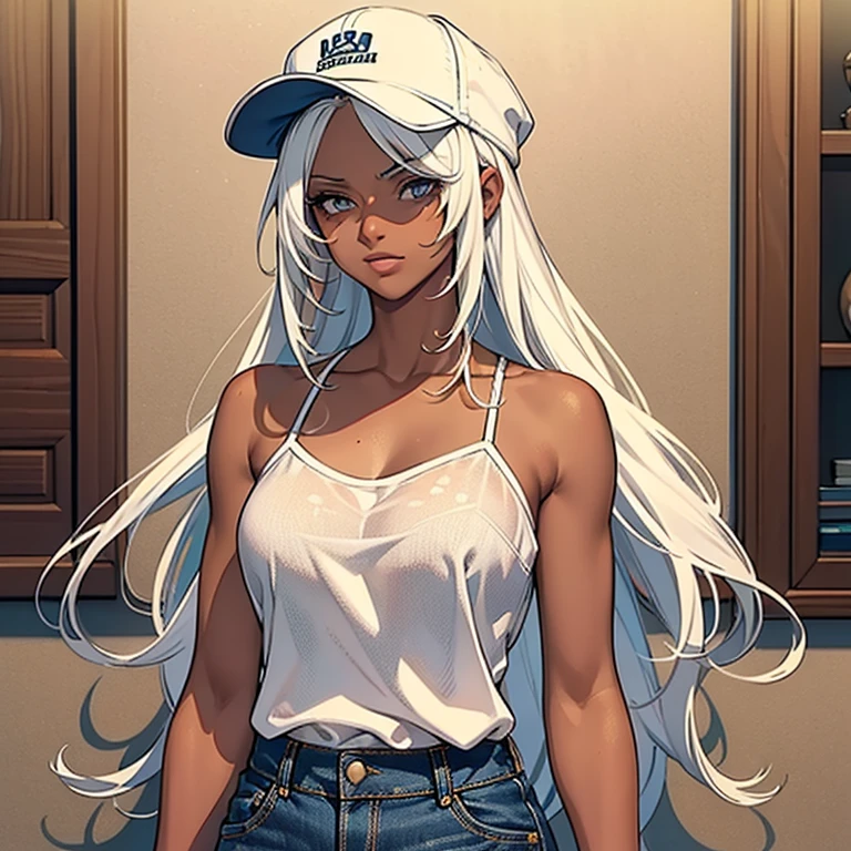 ((best quality)), ((masterpiece)), (detailed),High quality, Ultra detailed, best quality, insanely detailed, beautiful, masterpiece,
White hair, long hair, (tanned skin:1.3),woman,20s,track cap ,camisole,denim