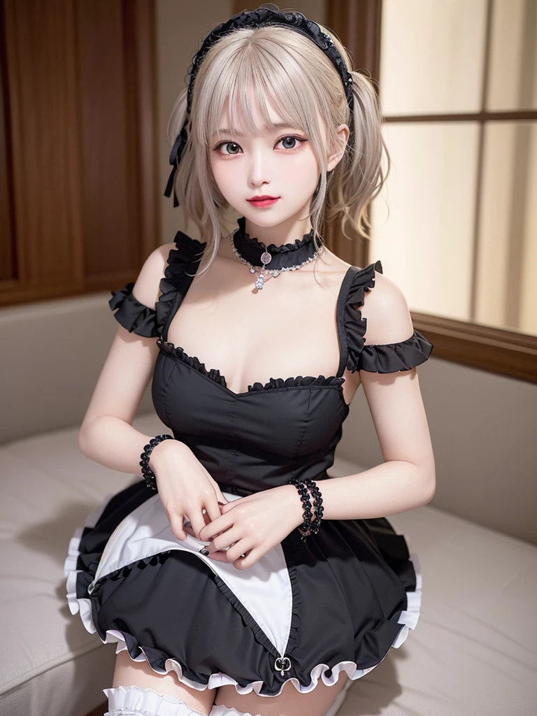 (8K, Photorealistic, Raw photo, of the highest quality: 1.3), (1girl in), Super beautiful, (Realistic face), (boyish, Silver Color Berry Shorthair), Beautiful , Glare that captivates the viewer, Beautiful expression, Beautiful breasts, (Realistic skin), Be...Super high quality, super high definition, super detailed, masterpiece, 20years old, female, cute, perfect face, beautiful, gothic lolita clothes, gothic lolita fashion, frilly skirt, headdress, necklace, bracelet, knee-high socks, boots, double eyelids, tear bags, Detailed down to the fingers, photo-like description, indoors, dim indoor lighting, blonde hair, pony tail, standing, whole body, composition that shows the whole body, smiling,Optimal ratio of 4 fingers and 1 thumb