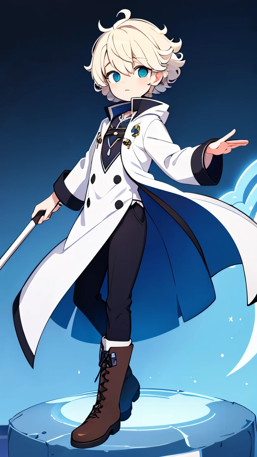 Alchemist,Unknown gender,highteen,Floating in the sky,White coat-like jacket,Curly hair,Platinum blonde short-haired,right eye is blue,left eye is green,Character portrait,Boots underfoot,has a cane