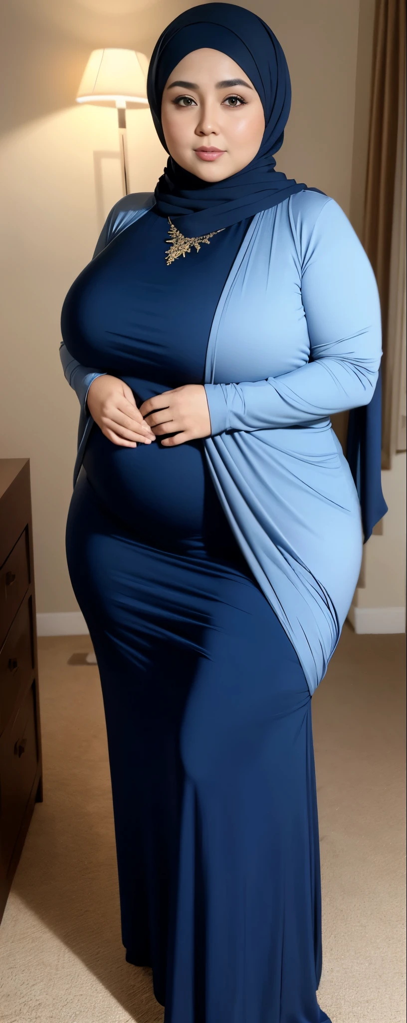 Chubby woman with fat belly and tight thighs, full body, 50-year-old mature woman, thick hips, thick neck, thick chest, big eyes, wearing a longest dress, wearing a hijab, hijabi woman