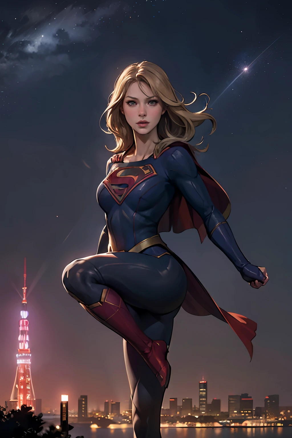 ((highest quality)), ((masterpiece)), (be familiar with), (High definition), (Realistic), (Realistic), (Best Shadow), Low contrast, (Complex:1.4), Side lighting, 8K, ((melissa Benoist)), ((SUPER GIRL)), Perfect Face、Detailed、(Accurate hand and finger depiction)、supergirl women、Blonde、Voluptuous body、big breasts、Narrow waist、Big Ass、Alluring、glamorous、((doing a high kick:1.4))、Tokyo Tower、Night view