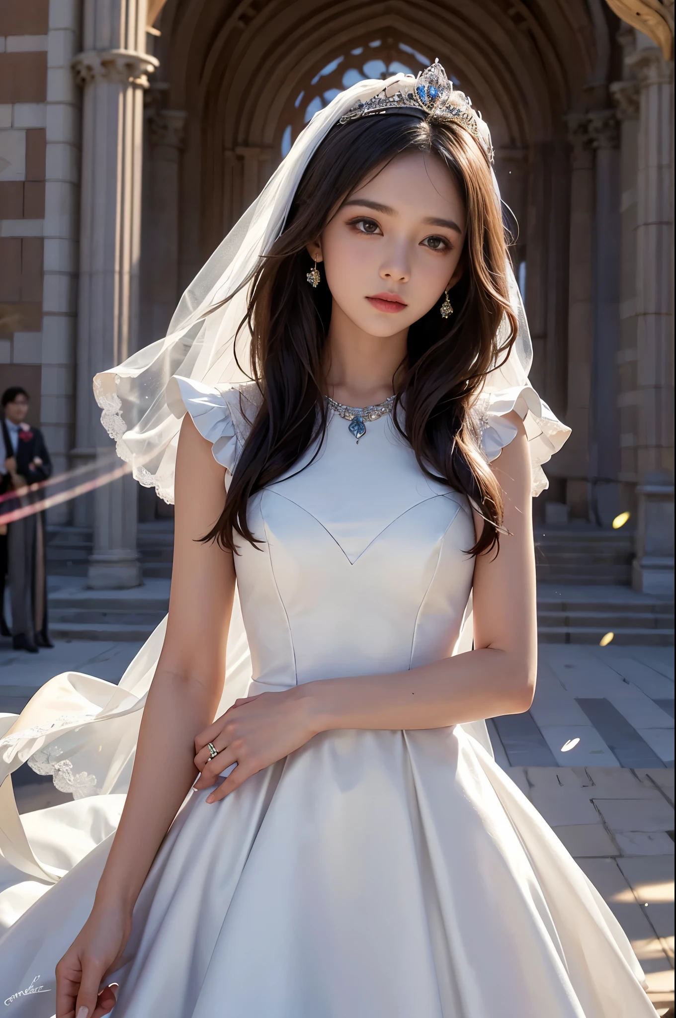 best quality, masterpiece, 1 girl, yak, cute teen, shiny lips, sweet, sun glare, Conservative attire, wedding dress, Bridal tiara, depth of field, blurred background, Cathedral Background, light particles, strong wind, long hair, head tilt