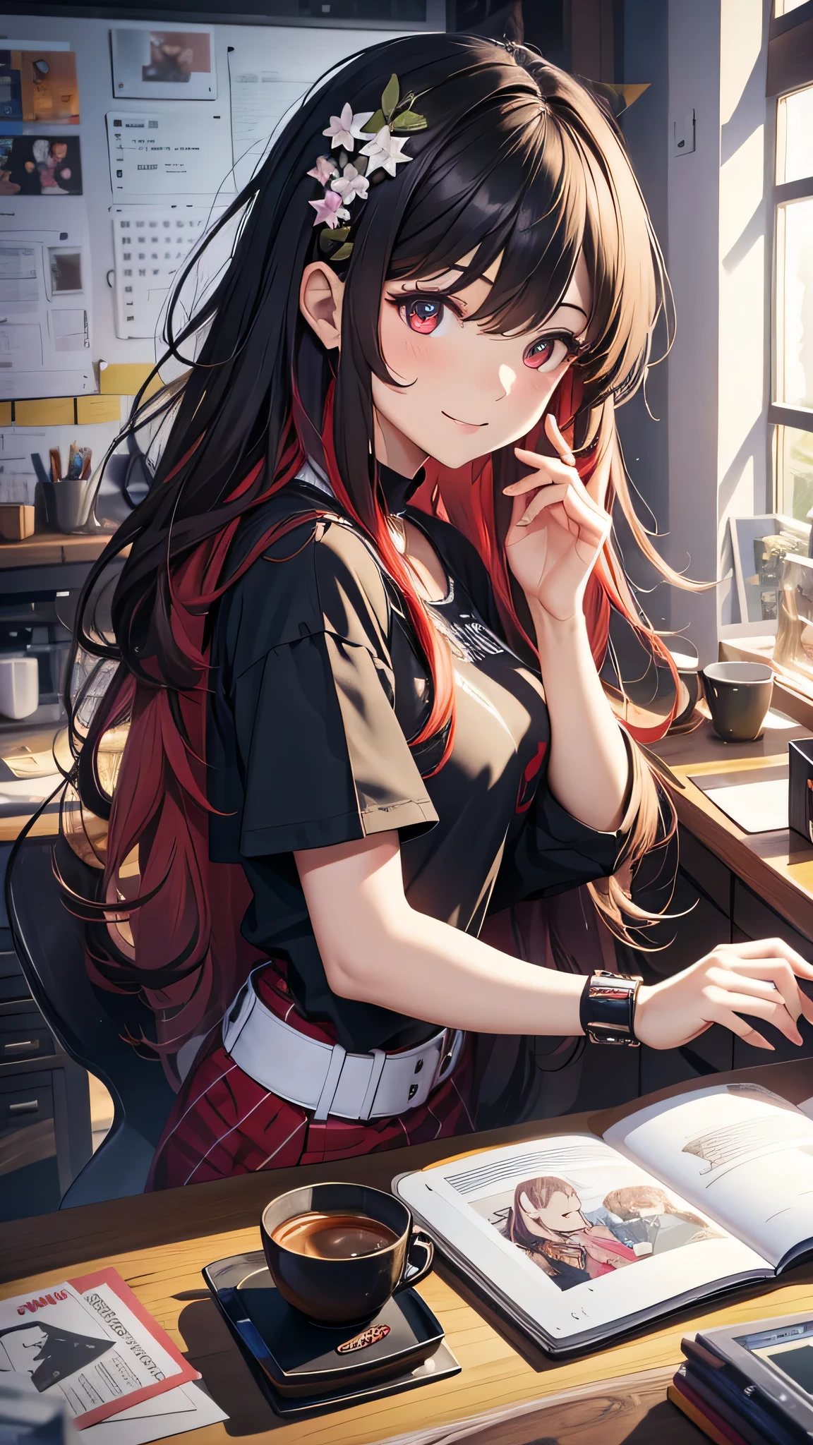 最high quality、Best image quality、masterpiece、girl((20-year-old、 By becoming、Best Bust、Medium Bust,Wide open breast tea、red glowing eyes, Black and red hair、Disheveled Hair、Long Hair、thin,The highest valley、Black open-neck short-sleeved shirt(1:2)、Open chest、White wristband、smile、Leaning forward、hair ornaments、have a laptop、Side angle、Lointail)),high quality、Beautiful art、background((White computer room、Coffee cup、line of light、Whiteboard、graffiti))、Flight、Flying debris、Written boundary depth、movie、Visual Arts、Perfect art、8K,Genuine、