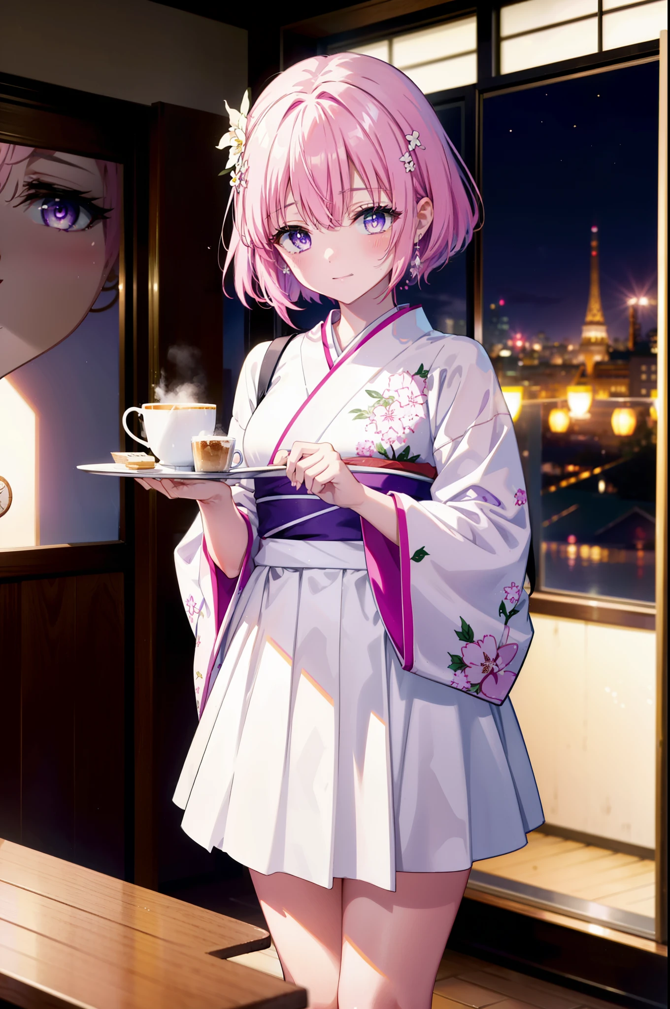 Momodeviluke, Deviluke type, demon tail, Hair Flowers, hair ornaments, (Purple eyes:1.1), Pink Hair, short hair, tail, smile,
break demon tail, Long Hair,happy smile, smile, Open your mouth,blush,Idol-style white kimono,long furisode,White Mini Skirt,White tights,Zori sandals,tray, tray in one hand,A beautiful waitress with Long Hair comes to the table to take our order,As if your whole body is in the illustration,Daytime,Clear skies,
break looking at viewer, (Cowboy Shot:1. 5)
break indoors, coffee shop,
break (masterpiece:1.2), highest quality, High resolution, unity 8k wallpaper, (figure:0.8), (beautiful detailed eyes:1.6), extremely detailed face, Perfect lighting, extremely detailed CG, (Perfect hands, Perfect Anatomy),
