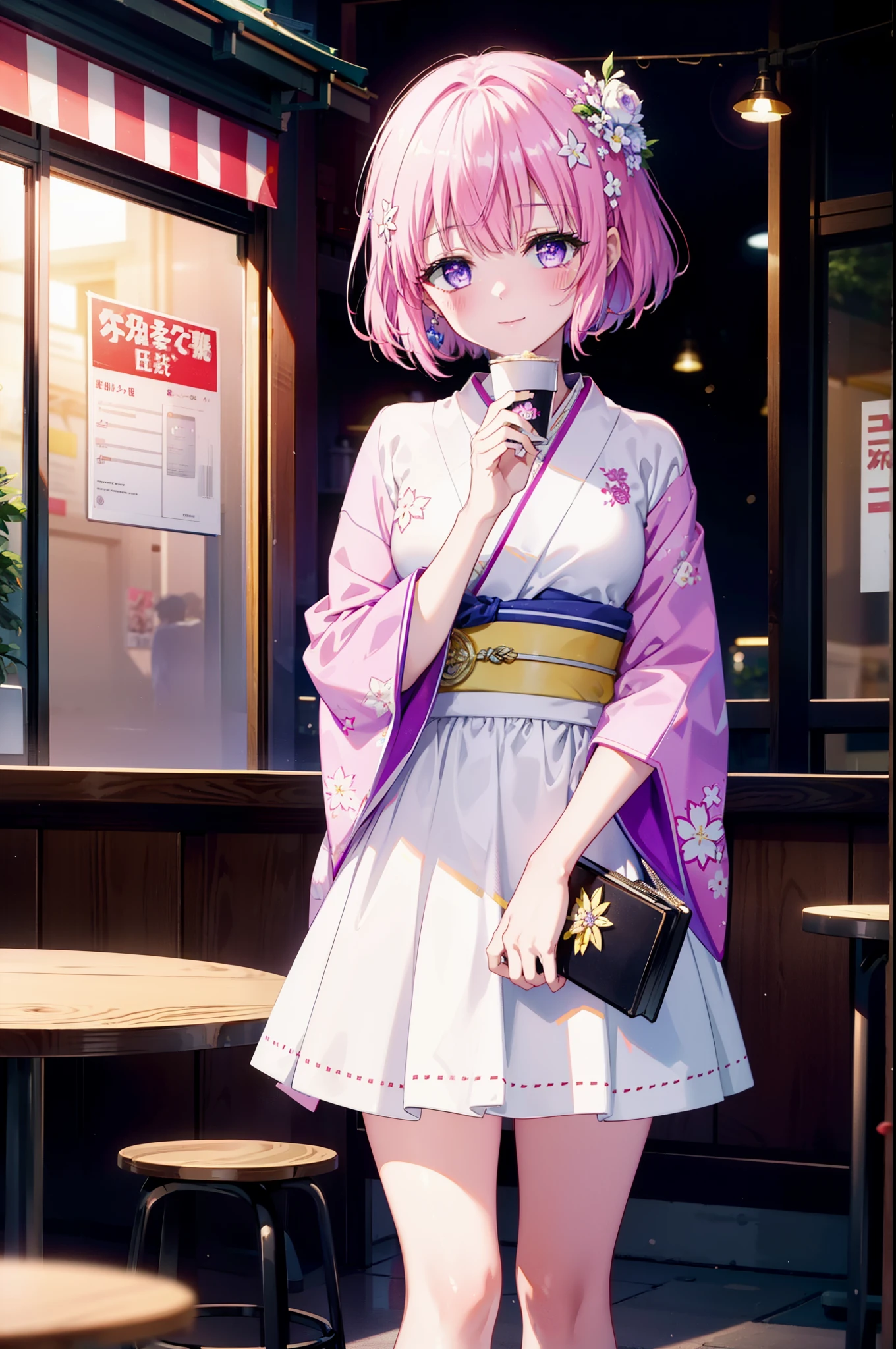 Momodeviluke, Deviluke type, demon tail, Hair Flowers, hair ornaments, (Purple eyes:1.1), Pink Hair, short hair, tail, smile,
break demon tail, Long Hair,happy smile, smile, Open your mouth,blush,Idol-style white kimono,long furisode,White Mini Skirt,White tights,Zori sandals,tray, tray in one hand,A beautiful waitress with Long Hair comes to the table to take our order,As if your whole body is in the illustration,Daytime,Clear skies,
break looking at viewer, (Cowboy Shot:1. 5)
break indoors, coffee shop, 
break (masterpiece:1.2), highest quality, High resolution, unity 8k wallpaper, (figure:0.8), (beautiful detailed eyes:1.6), extremely detailed face, Perfect lighting, extremely detailed CG, (Perfect hands, Perfect Anatomy),