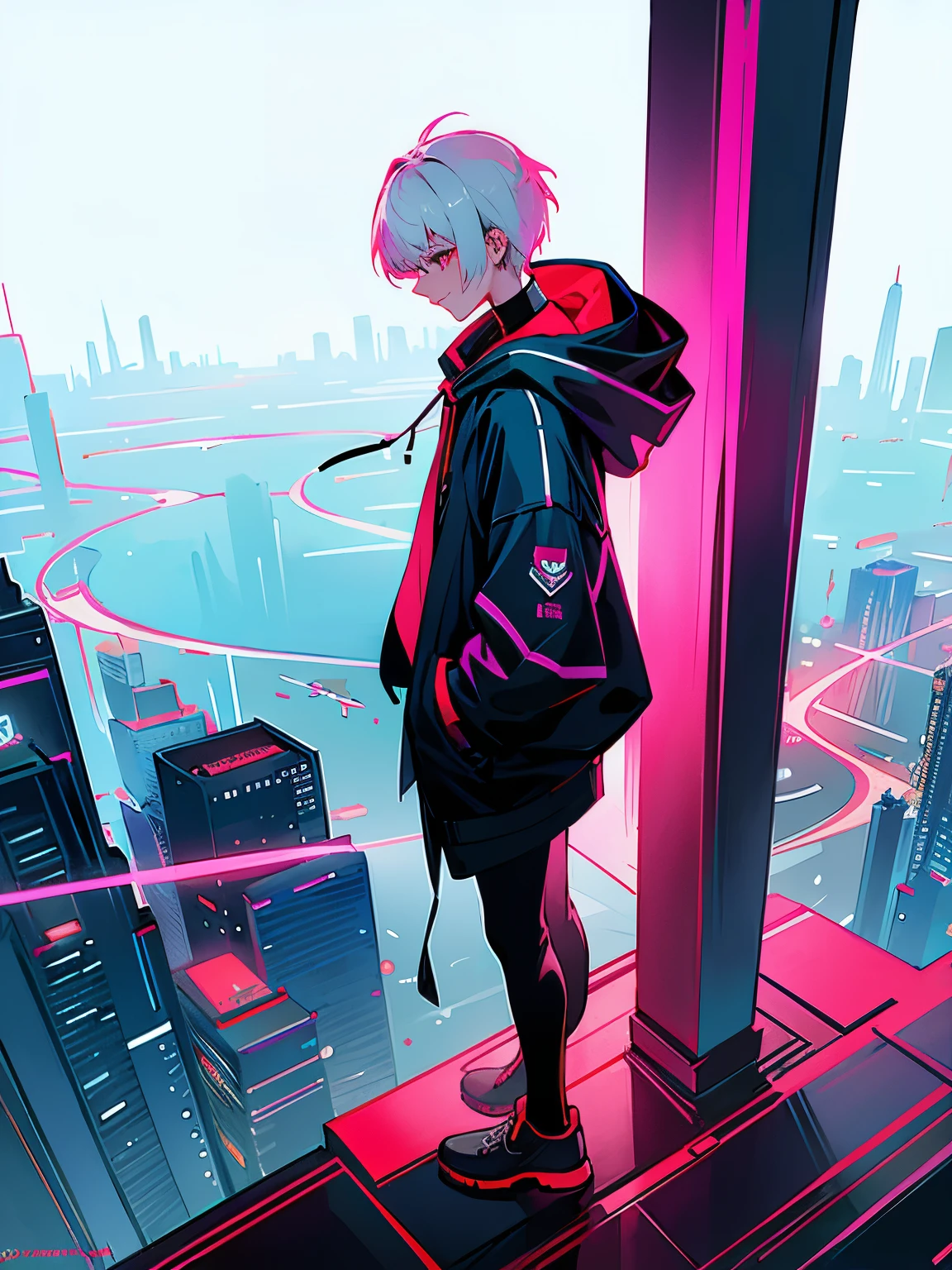 Boy, short hair, wearing cyberpunk hoodie, white hair, standing on top of a tall building where the whole city is visible,high angle view, neon colors, close angle view