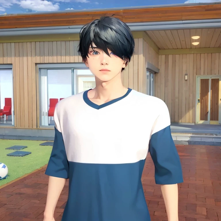 1boy , channel in the game sakura school simulator , black hair , short hair , background house , blue eyes , clothes white and blue