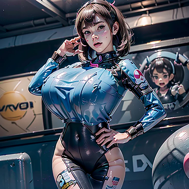 3d, 3dcg, Japanese anime face, cute face, orverwatch, D.va, overwatch, (((Huge breasts, gigantic breasts, Big Breasts, Protruding nipples, Protruding areola))), D.va suit, D.va‘s suit, Latex suit, latexsuit, Glowing Skin, shiny oiled skin, Simple Background,