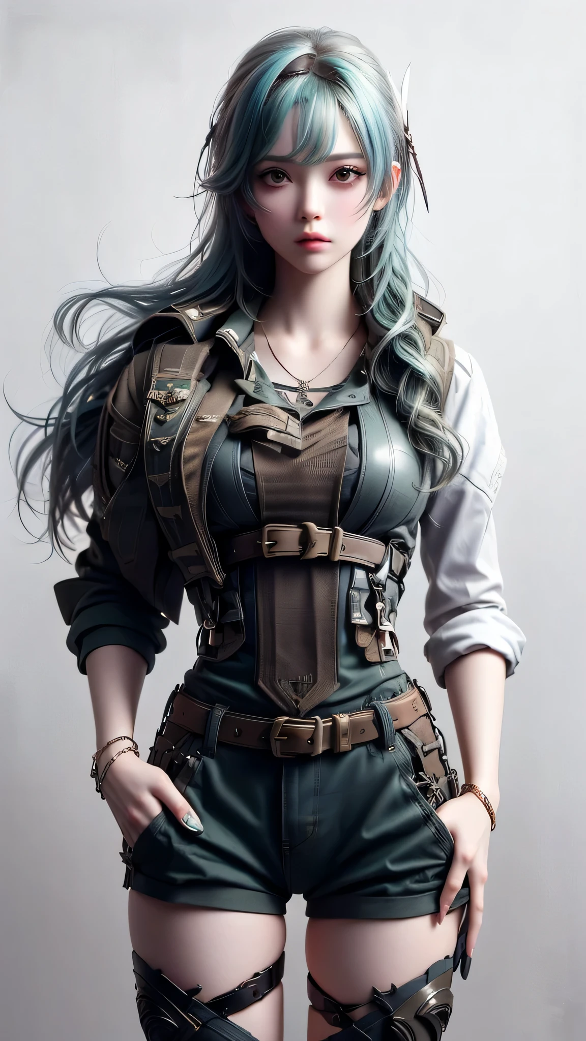 ((Live 2D))  masterpiece, One girl, whole body, Stand up straight, steampunk clothes, uniform, View your viewers, Detailed face, girl with green Wavy Hair, bangs, metal sheep horn, Gradient Hair, Multicolored Hair, Bright green hair, Turquoise hair tips, Wavy Hair, Gradient Eye, Orange eyes, (Simple Background, White Background: 1.3)