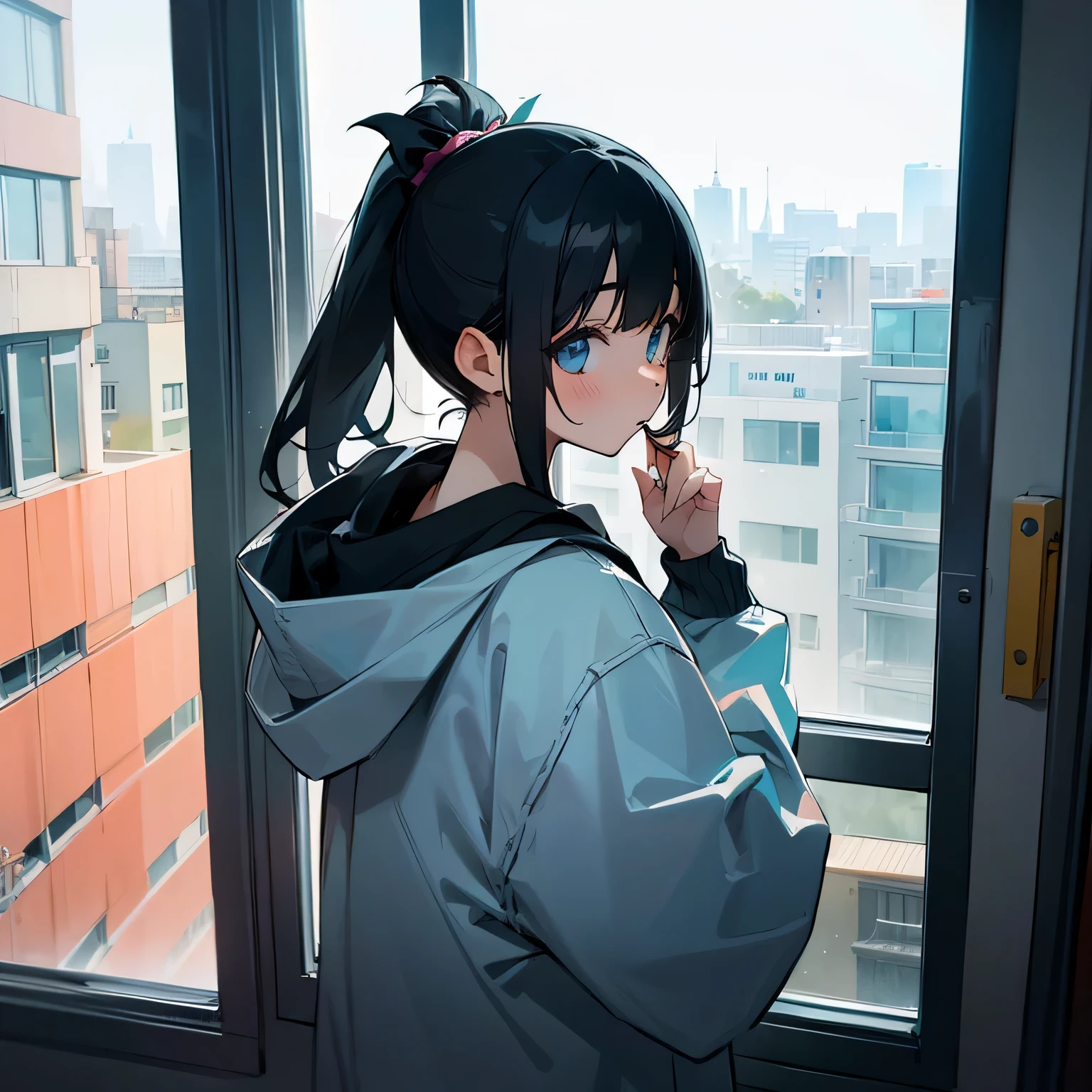 girl、Black Hair、ponytail、hoodie、look out the window、morning、thinking