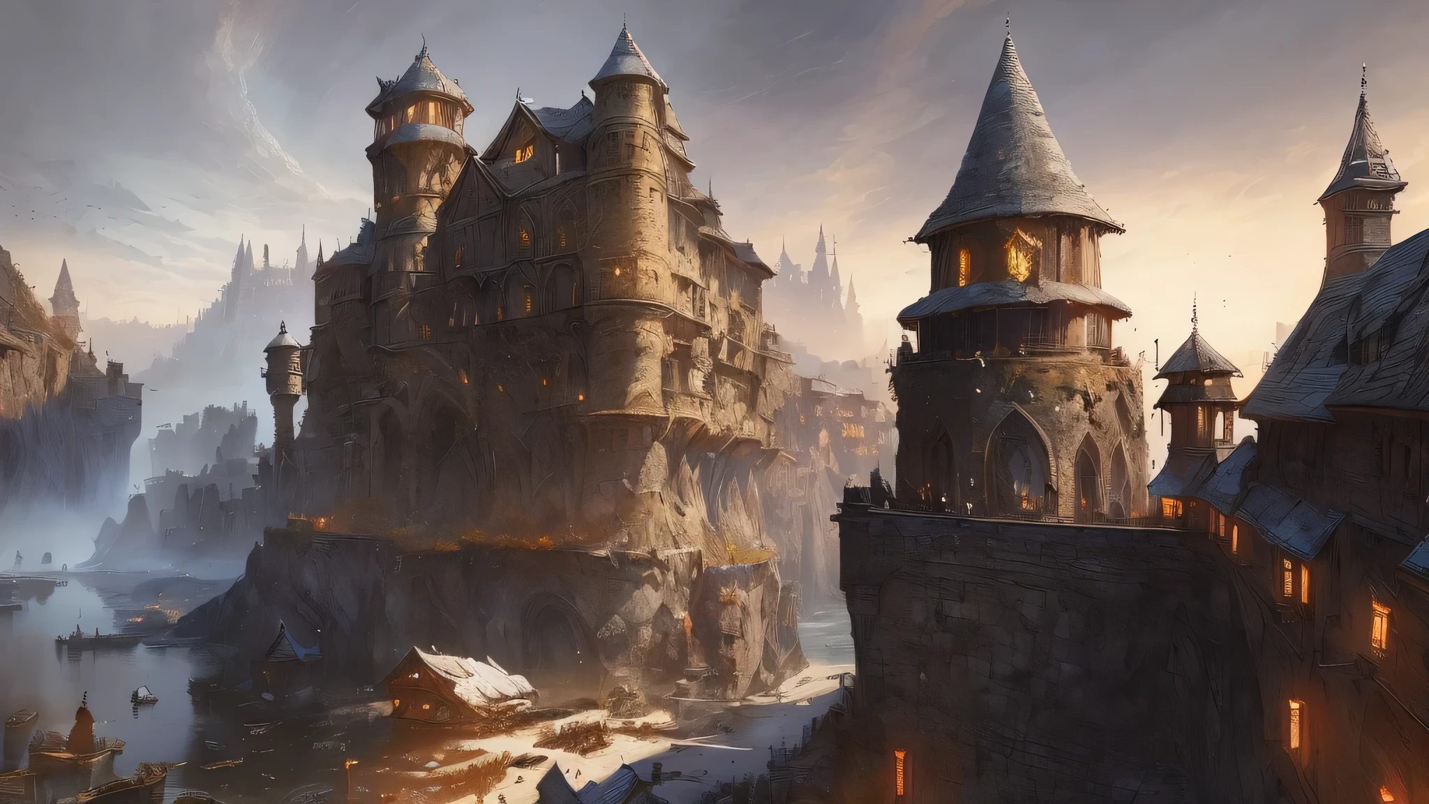 "(by Greg Rutkowski: 1.2), (masterpiece), ((best quality)), extremely delicate and beautiful, illustration, dynamic lighting, (fantasy landscape), A mesmerizing fantasy landscape with enchanting elements blending seamlessly. ((medieval port city (Neverwinter), dungeon and dragons)), A sense of tranquility and wonder fills the air, inviting exploration and discovery. Providing a distant view that captures the grandeur and atmosphere. From Brian Froud and Carne Griffiths and Wadim Kashin and John William Waterhouse, 8K post-production, high resolution, ((highly detailed)), depth of field, HDR, intricate"