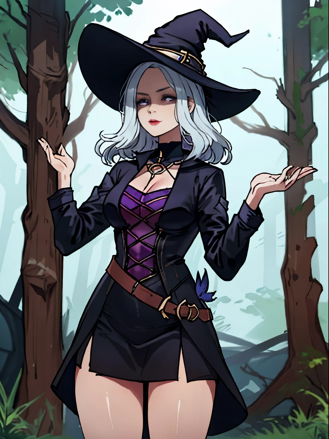 safe_pos, Score_9_up, score_8_up, score_7_up, source_realistic, cowboy shot, BREAK 1girl, solo, Rizella, dark-skinned female, long hair, hair between eyes, pointy ears, big breasts, witch hat, dress, elbow gloves, choker, earrings,