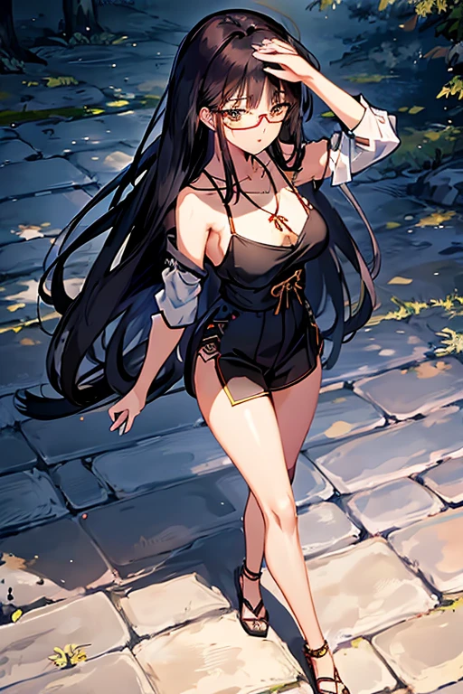 Black with silvery long hair，Straight Hair，Spring-colored face，Sexy，Glasses，Sexy bust-revealing V-neck slim-fitting top，High waist slit cheongsam，necklace，Low-cut，Exquisite facial expressions，Beautiful face，slender，Big watery eyes，Thin waist，Hips，Full body black stockings