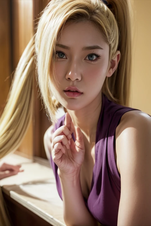 Real life adaption of this character,Asian beauty , realistic same hair, realistic outfit, realistic light, realistic shadow, hyper realistic, realism, realistic background,(photorealistic:1.2). Ino / Ino Yamanaka (Ino Yamanaka) / [Boruto: Naruto Next Generation, 1girl,skirt, blonde hair, hair ornament, bare shoulders, closed mouth, green eyes, ponytail, hairclip, hair over one eye, best quality ,ultra Higd ,detail realistic ,sceneHDR pro