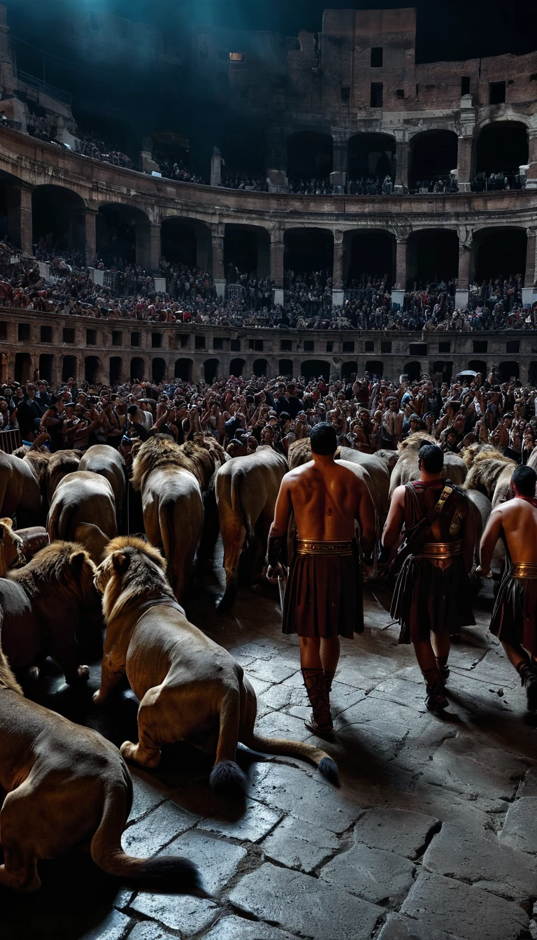 Under the gaze of thousands, the Roman Colosseum becomes a stage for horror. Prisoners tremble as they are met with ravenous lions and relentless gladiators, their bloodcurdling screams becoming the chorus to a macabre show of death, background dark, hyper realistic, face detail, ultra detailed hyper realistic, photorealistic, Studio Lighting, reflections, dynamic pose, Cinematic, Color Grading, Photography, Shot on 50mm lens, Ultra-Wide Angle, Depth of Field, hyper-detailed, beautifully color, 8k