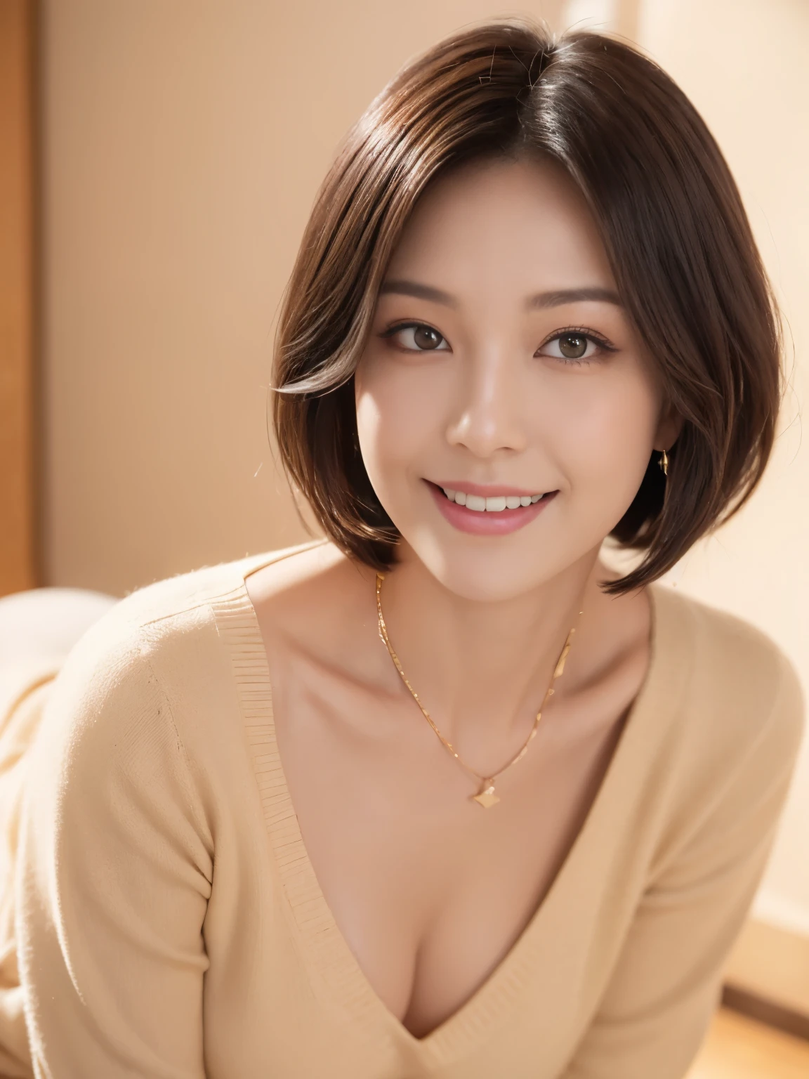 one Mature Woman、38 years old、Japanese,Looking at the audience,(Beige sweater),(white wool pants),（真珠のnecklaceを着けている）、 Shining Face,Shiny skin,Shortcuts,necklace,Earrings,normal size breasts,Black Hair,Red Mouth,clavicle,Beautiful fingers,Full body portrait,  short hair, Bobcut, 8k, Very detailed, highest quality, rough skin, Anatomically correct, masterpiece , highest quality, Cinema Lighting, Use perspective throughout , Surrealism , ,(Realistic:1. 3),(RAW Photos) , Black Hair, light smile, short hair, Bobcut, Anaglyph, Stereogram, (Mature Woman:1), (38 years old), ((close:0.5)), Glare, double eyelid, Lip gloss, (smile:1), ((close your eyes:0.85)), Red Mouth, clavicle, ((Looking at the audience)), (short hair of reddish-brown color wet and shiny,), (The whole body is visible) , Standard body shape ,C cup breasts、  Perfect round eyes , Fine texture 